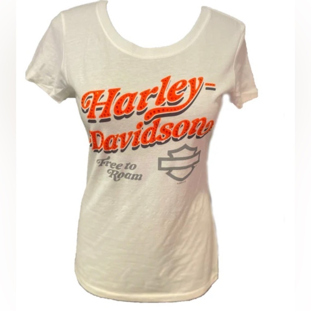 Official Retro Harley Davidson scoop neck ladies with orange logo.